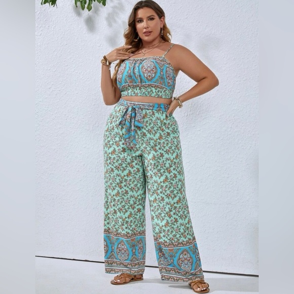 Shein Bo-Ho Floral Print Crop Cami Top & Wide Leg Pant set - Picture 6 of 6